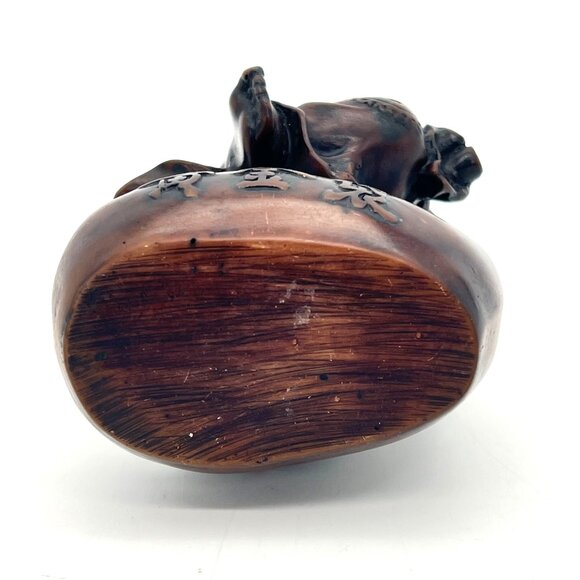 Laughing Buddha Figurine 6" Carved Solid Wood Dark Stain Chinese Script 1.5 lbs - Picture 9 of 14